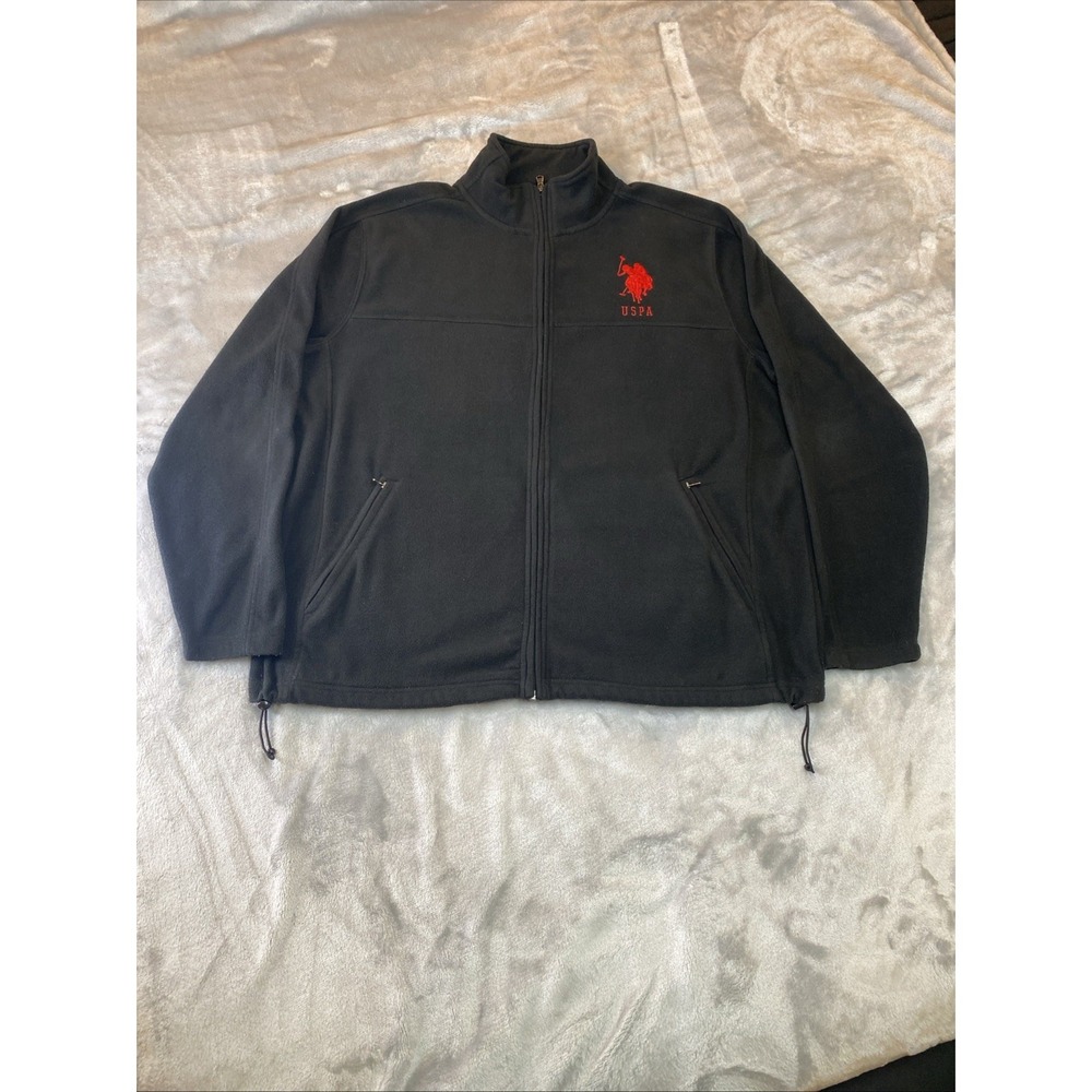 U.S. Polo Assn. Fleece Jacket Mens XL Black Red Logo Full Zip Mock Neck Warm